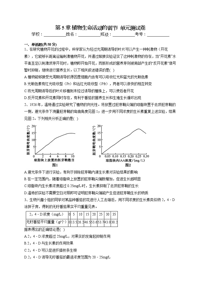 2022-2023学年北师大版（2019）选择性必修一第5章 植物生命活动的调节  单元测试卷(word版含答案)第1页