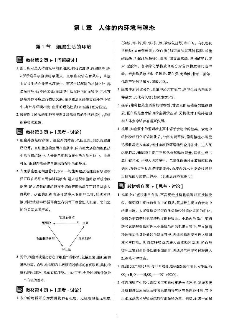 人教版高中生物选择性必修一《稳态与调节》问题探讨思考讨论及课后题答案第1页