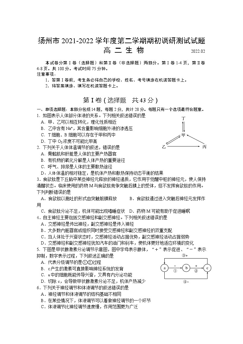 2021-2022学年江苏省扬州市高二下学期期初调研测试生物试题含答案第1页