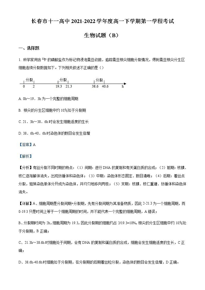 2021-2022学年吉林省长春市十一高中高一下学期第一学程考试生物（B）试题含解析第1页