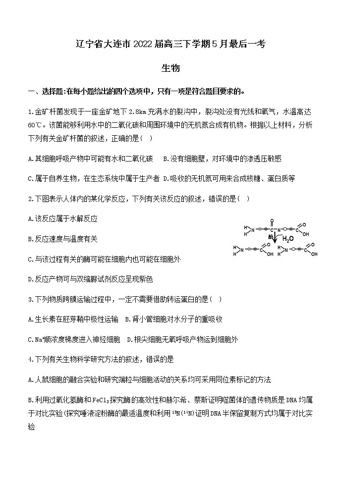 2022届辽宁省大连市高三下学期5月最后一考生物学试题含答案第1页