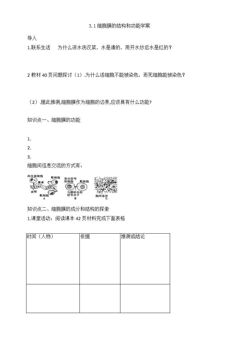 高中生物必修一 3.1细胞膜的结构和功能 学学案01