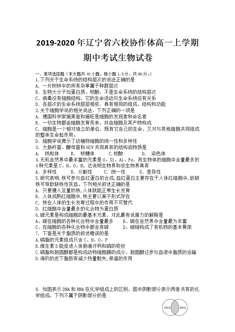 高中生物必修一 2019-2020年辽宁省六校协作体高一上学期期中考试生物试卷01