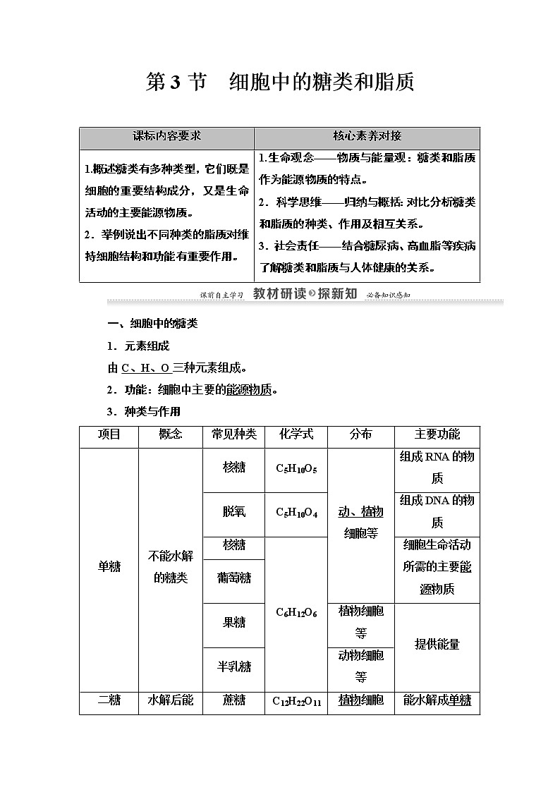 高中生物必修一 第2章 第3节　细胞中的糖类和脂质 讲义01