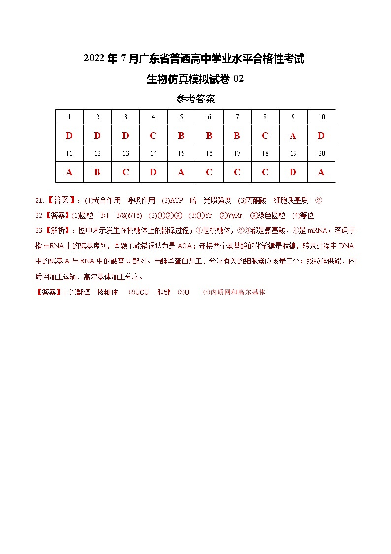 2022年7月广东省普通高中学业水平考试生物仿真模拟试卷02（参考答案）第1页