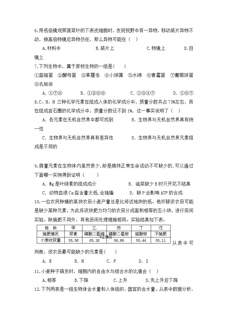 高中生物必修一 2019-2020学年海南省临高县临高中学高一上学期期中考试生物试卷02