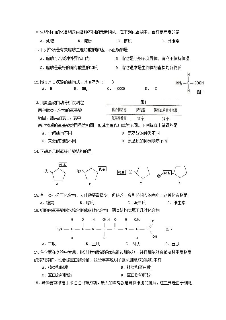 高中生物必修一 2019-2020学年上海市普通中学三校联考高一上学期期中考试生物试题第2页