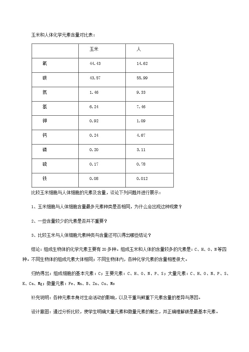 高中生物必修一 2.1 细胞中的元素和化合物 教学设计（03