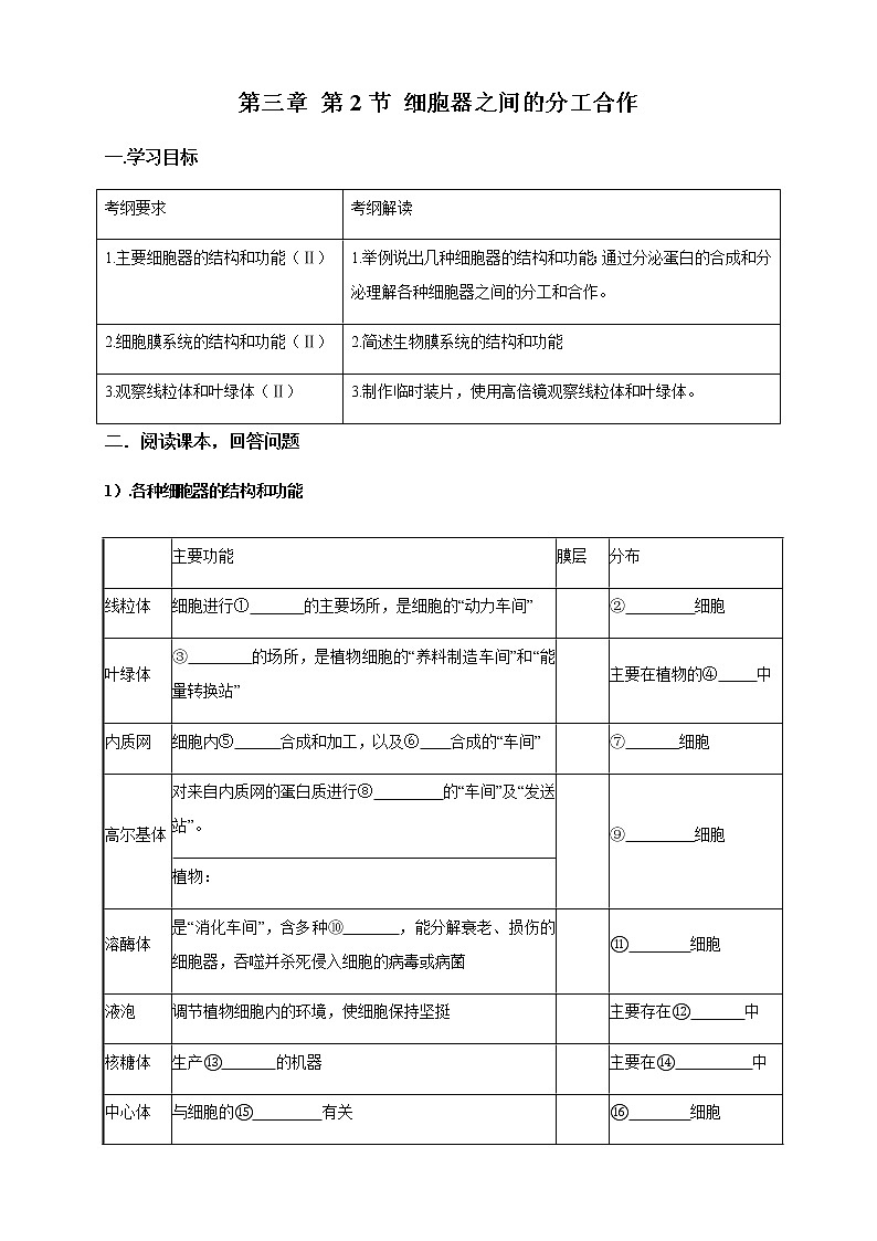 高中生物必修一 3.2.1 细胞器之间的分工合作 导学学案第1页