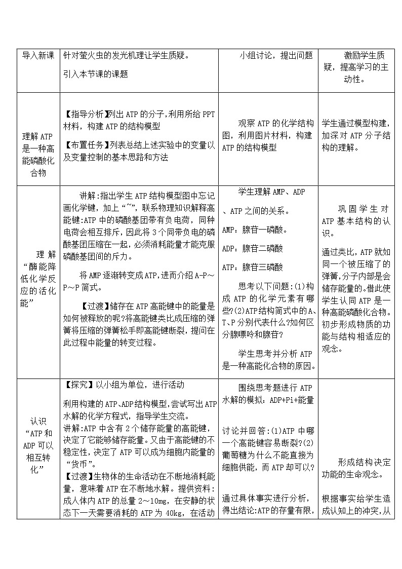 高中生物必修一 5.2 细胞的能量“货币”——ATP 教学设计02