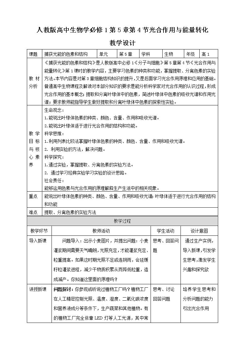 高中生物必修一 5.4.1捕获光能的色素和结构 试卷01