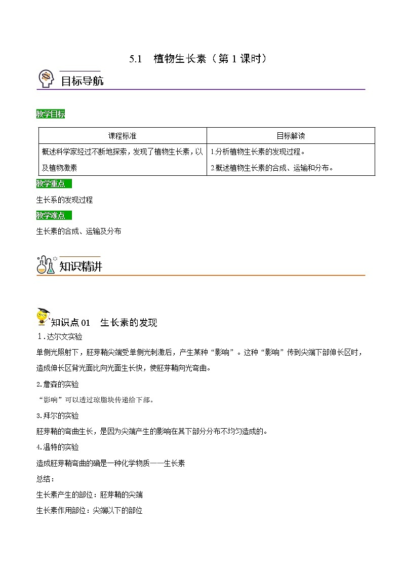 高中生物选择性必修一   5.1 植物生长素（第1课时）（含答案）(同步精品讲义01