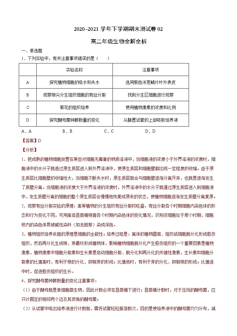 高中生物选择性必修三  高二年级生物下学期期末测试卷（北京专用）02（全解全析）第1页