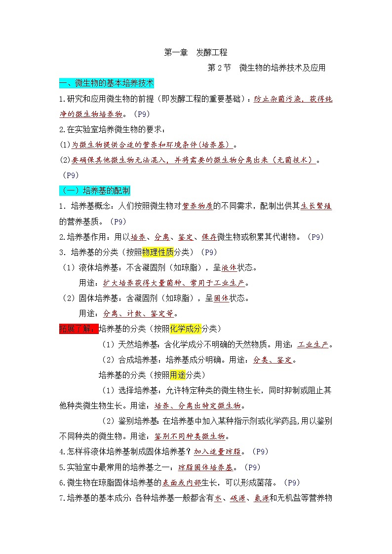 高中生物选择性必修三  第二单元 微生物的培养技术及应用（(含答案)）高二生物单元复习知识清单01