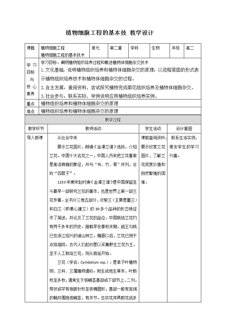 高中生物选择性必修三  第1节  一  植物细胞工程的基本技术 教案01