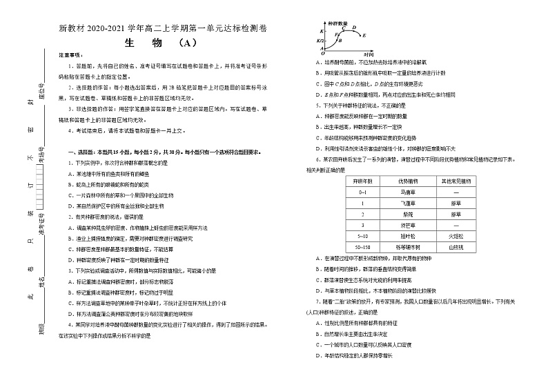 高中生物选择性必修二 第一单元种群及其动态、群落及其演替达标检测卷 A卷 (无答案)01