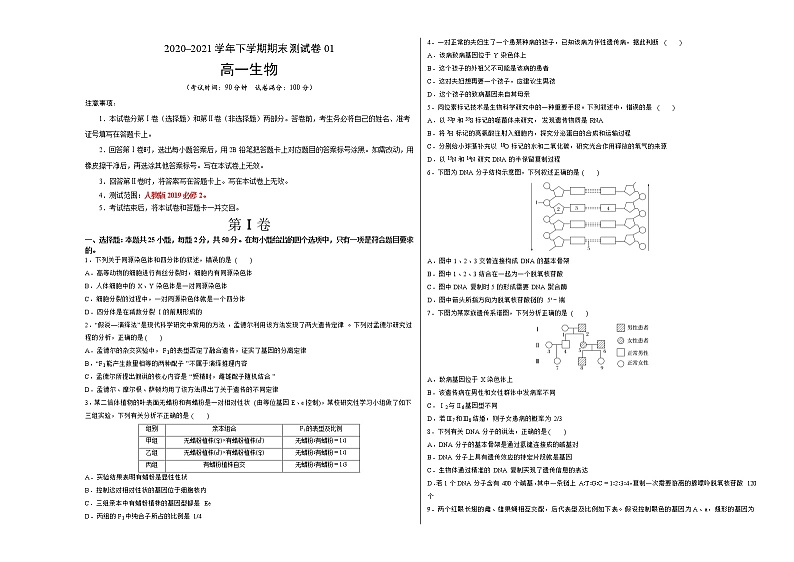 高中生物第二册 2020-2021学年高一生物下学期期末测试卷（人教版2019必修01（考试版）第1页
