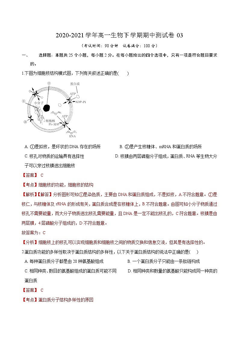 高中生物第二册 2020-2021学年高一生物下学期期中测试卷03（人教版2019选择性必修（含答案）第1页