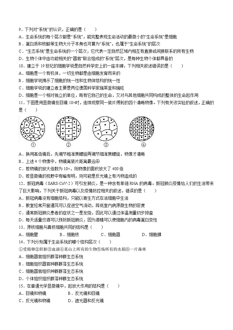 黑龙江省哈尔滨市宾县二中2022-2023学年高一上学期第一次月考生物试题（含答案）第2页