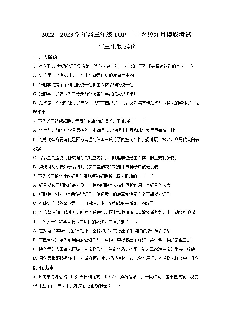 河南省TOP二十名校2023届高三9月摸底考试生物试题（Word版附答案）第1页