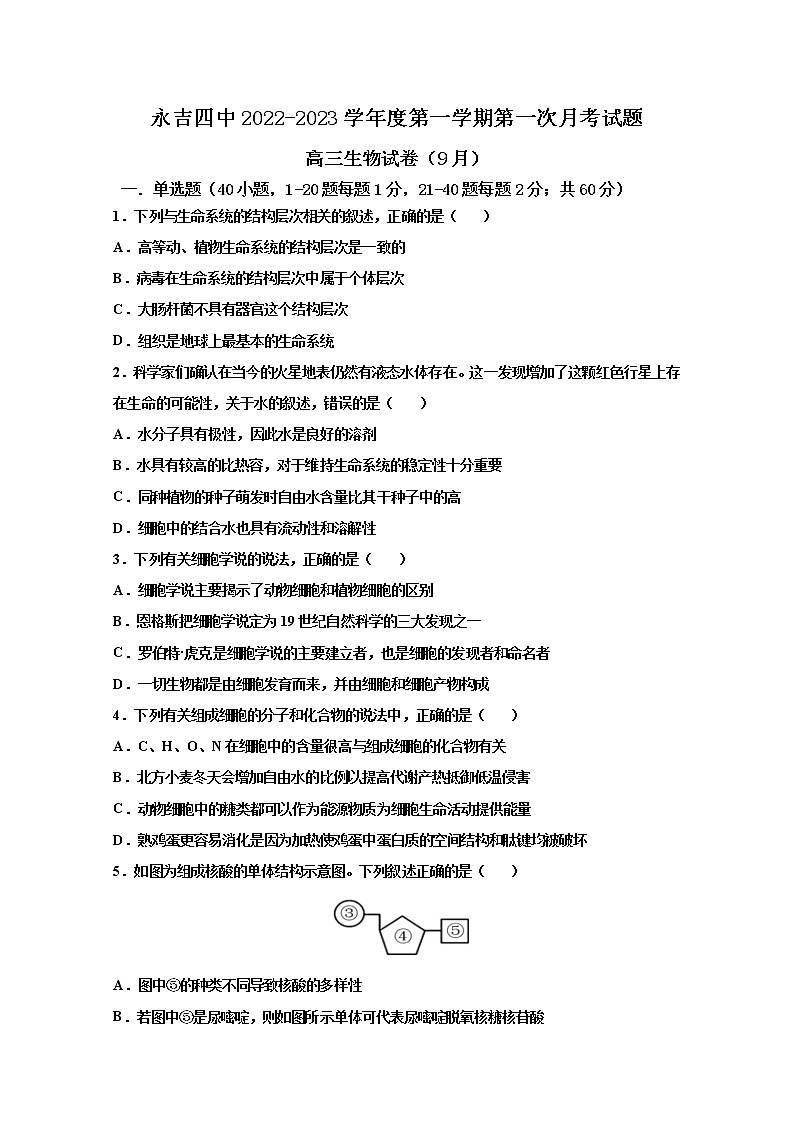 吉林省吉林市永吉县第四中学2023届高三上学期9月月考生物试题（Word版附答案）第1页