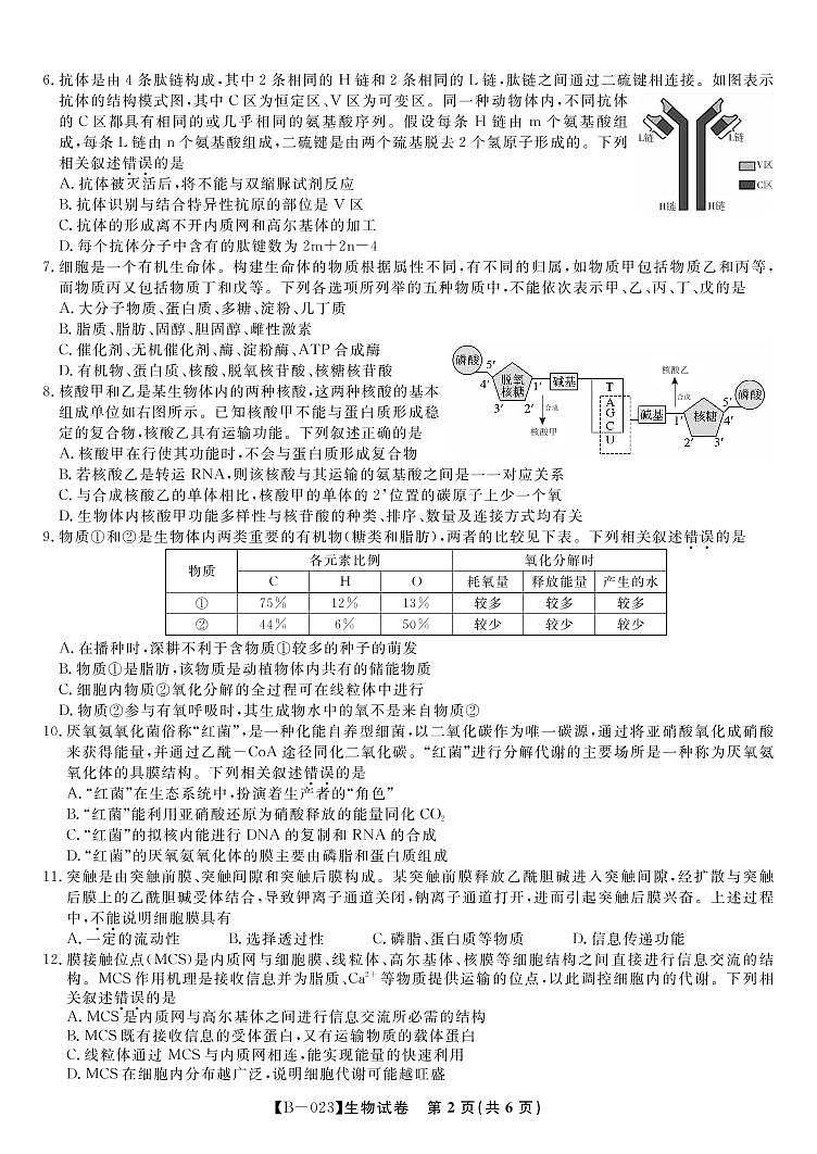 2023安徽省省示范高中高三第二次联考生物试题PDF版含答案02