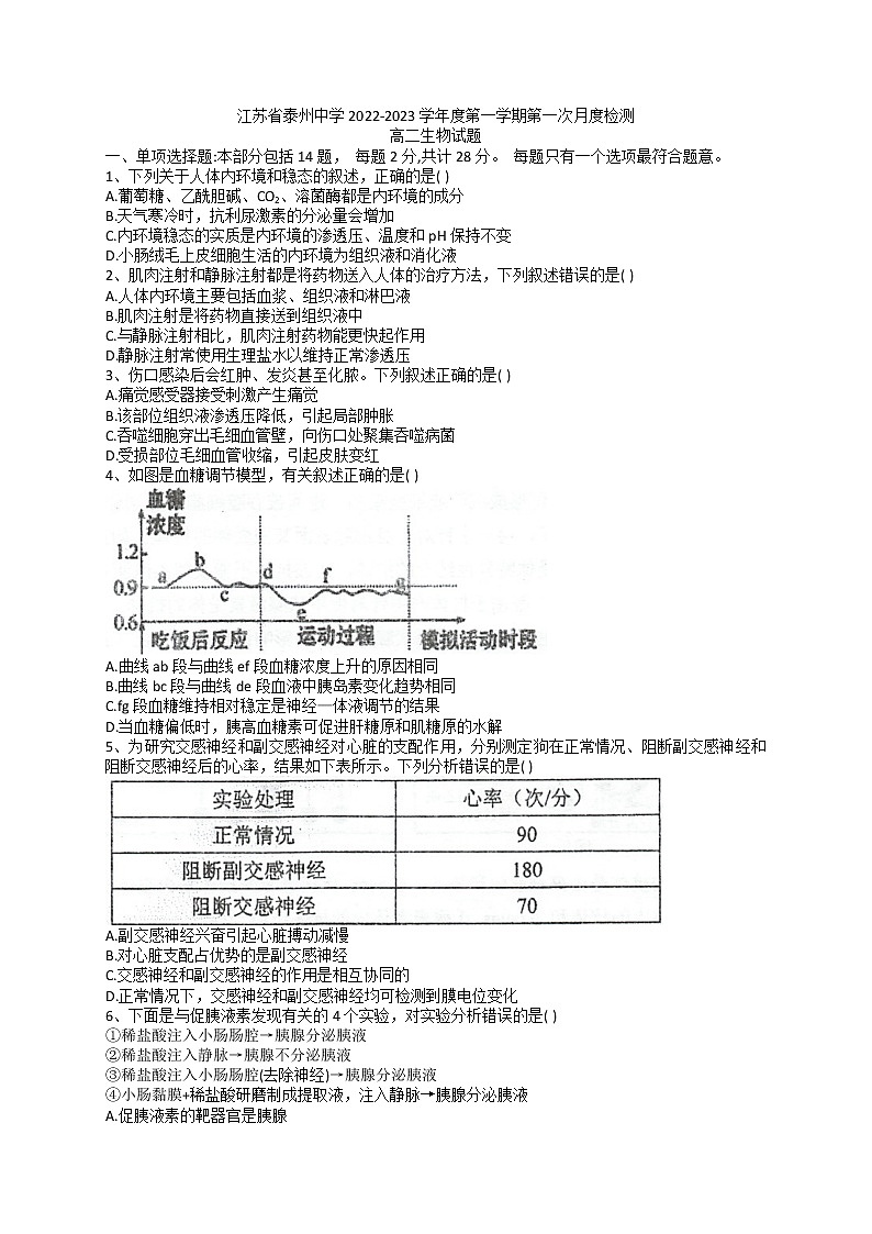 2023泰州中学高二上学期第一次月度检测生物试题第1页