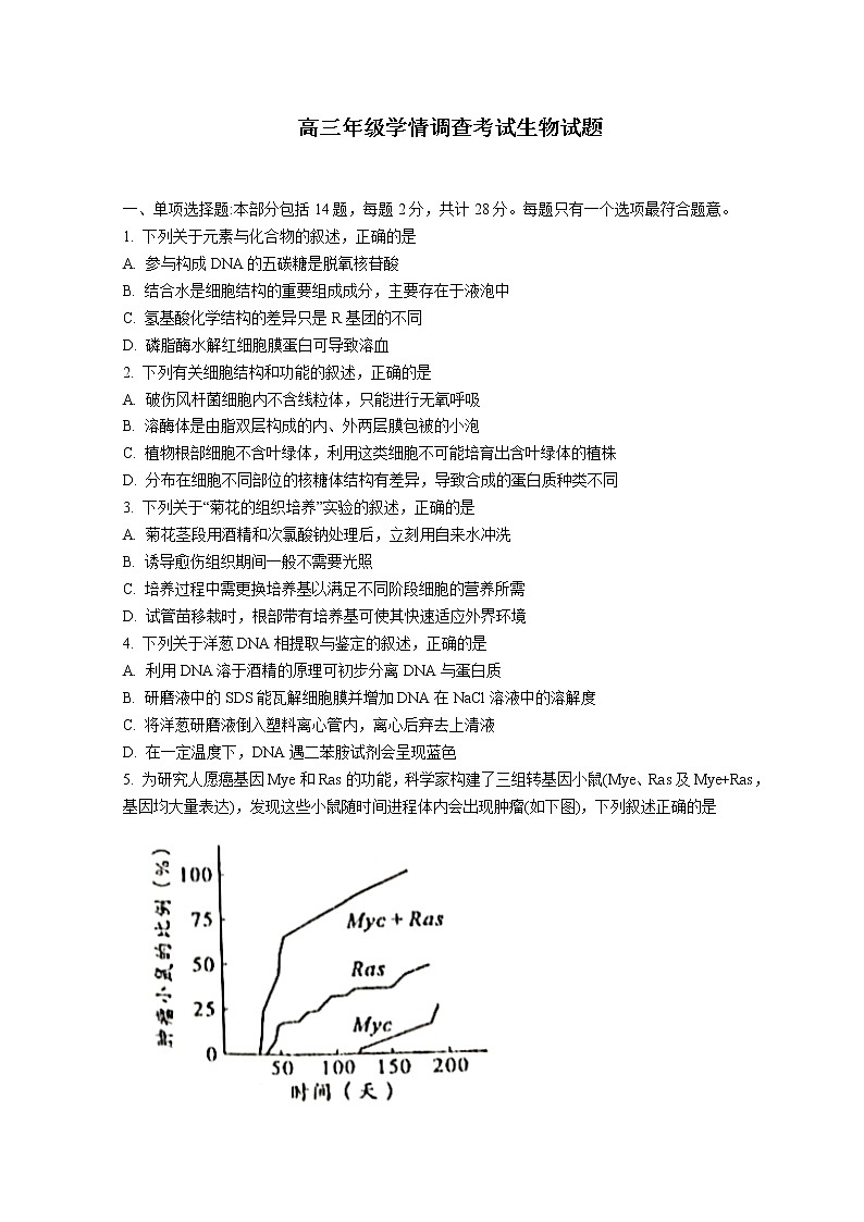 江苏省镇江市2022-2023学年高三联盟10月联考生物试题 无答案第1页