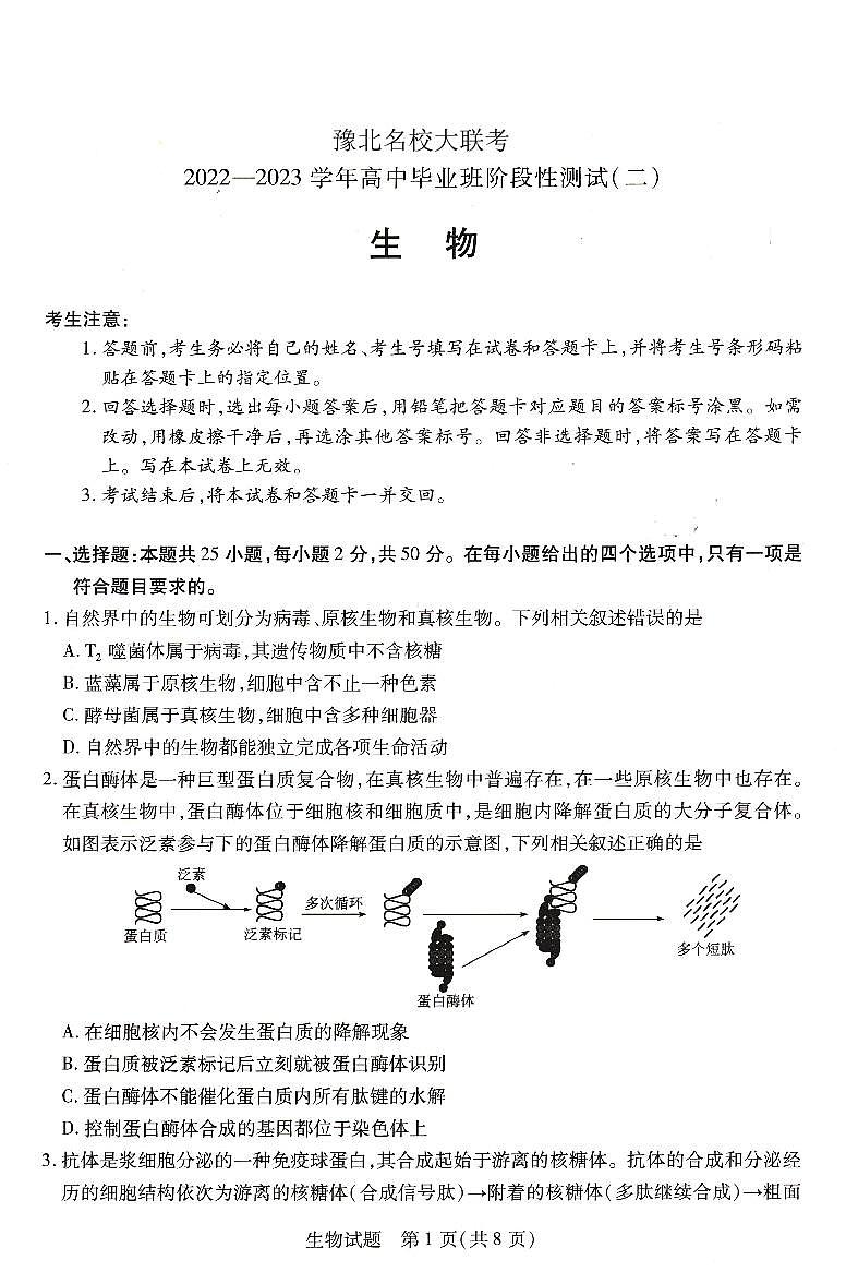 豫北名校大联考2022-2023学年高中毕业班阶段性测试（二）生物试卷第1页