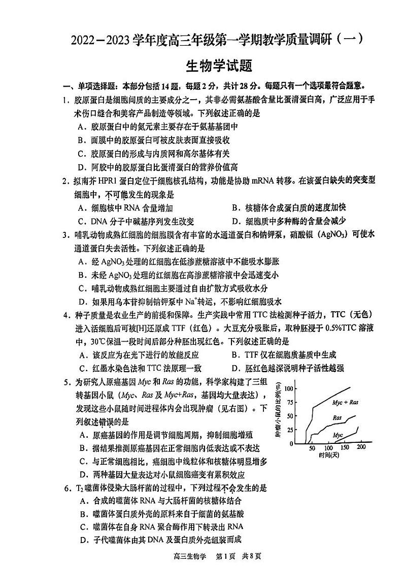 2023南通如皋高三上学期教学质量调研（一）生物试题PDF版含答案01