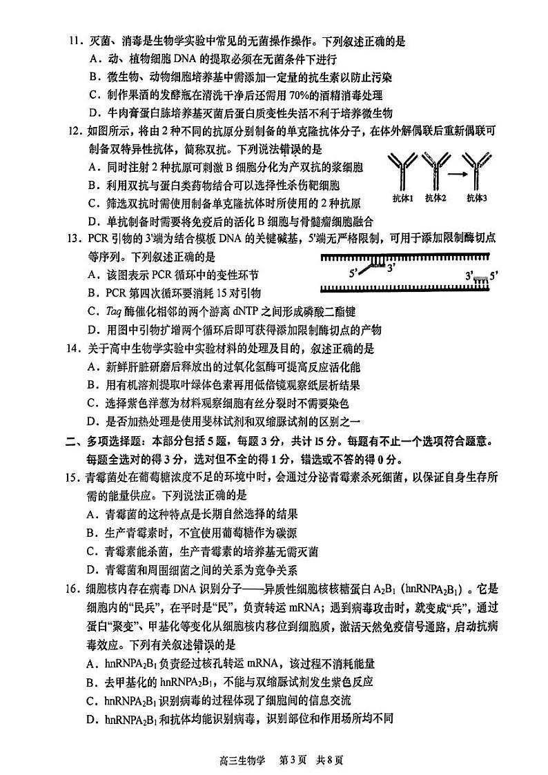 2023南通如皋高三上学期教学质量调研（一）生物试题PDF版含答案03