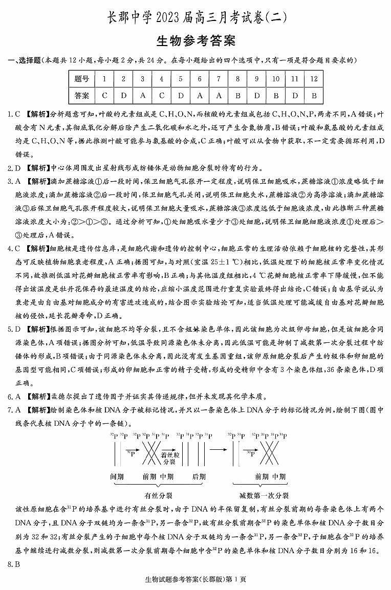湖南省长沙市长郡中学2022-2023学年高三上学期月考（二）生物答案第1页