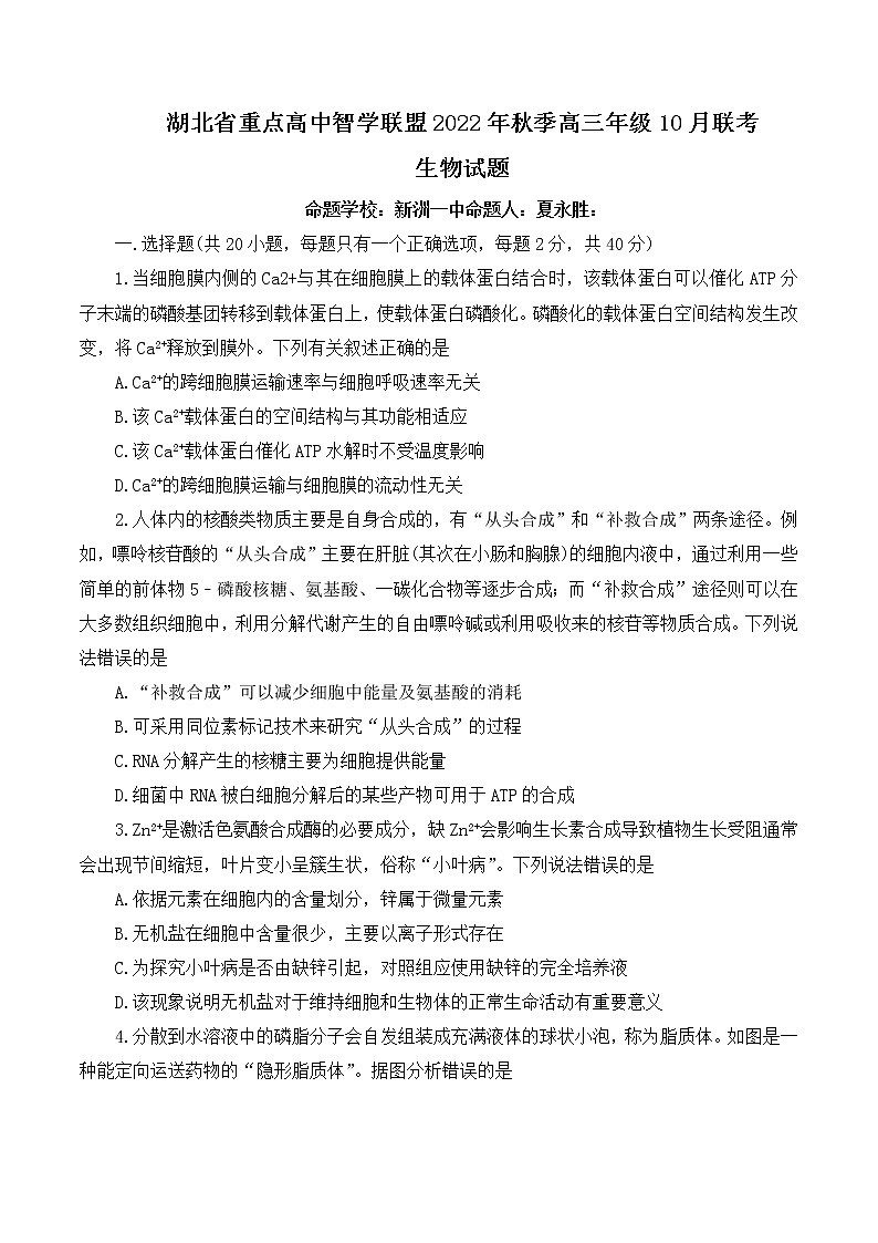 湖北省智学联盟2023届高三10月联考生物试卷 无答案第1页
