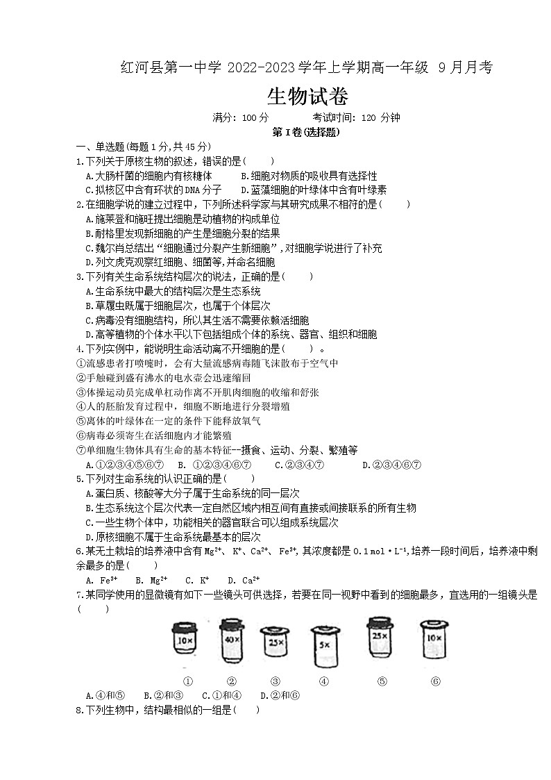 2023红河县一中高一9月月考生物试题含答案01