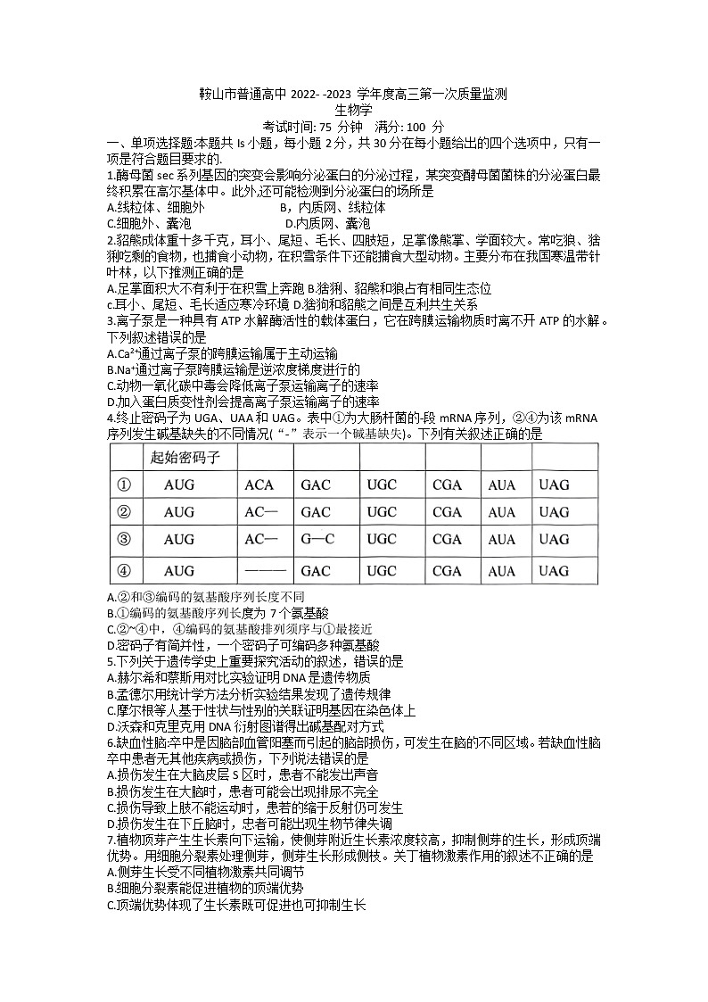 2023年辽宁省鞍山市普通高中高三第一次质量监测生物卷及答案（文字版）01