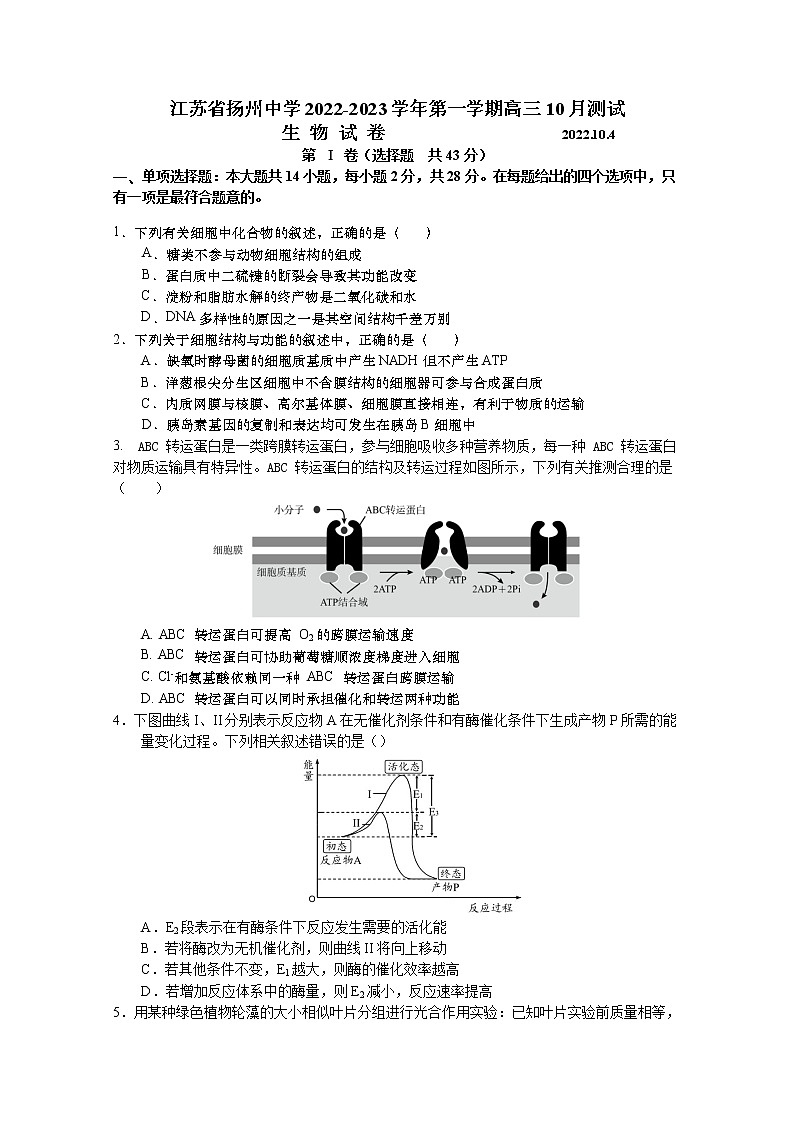 江苏省扬州中学2022-2023学年高三生物上学期10月月考试题（Word版附答案）01