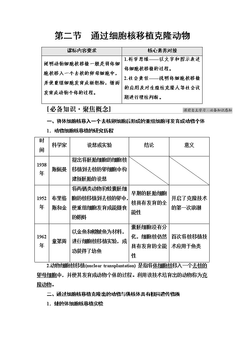浙科版高中生物选择性必修3第3章第2节通过细胞核移植克隆动物学案01