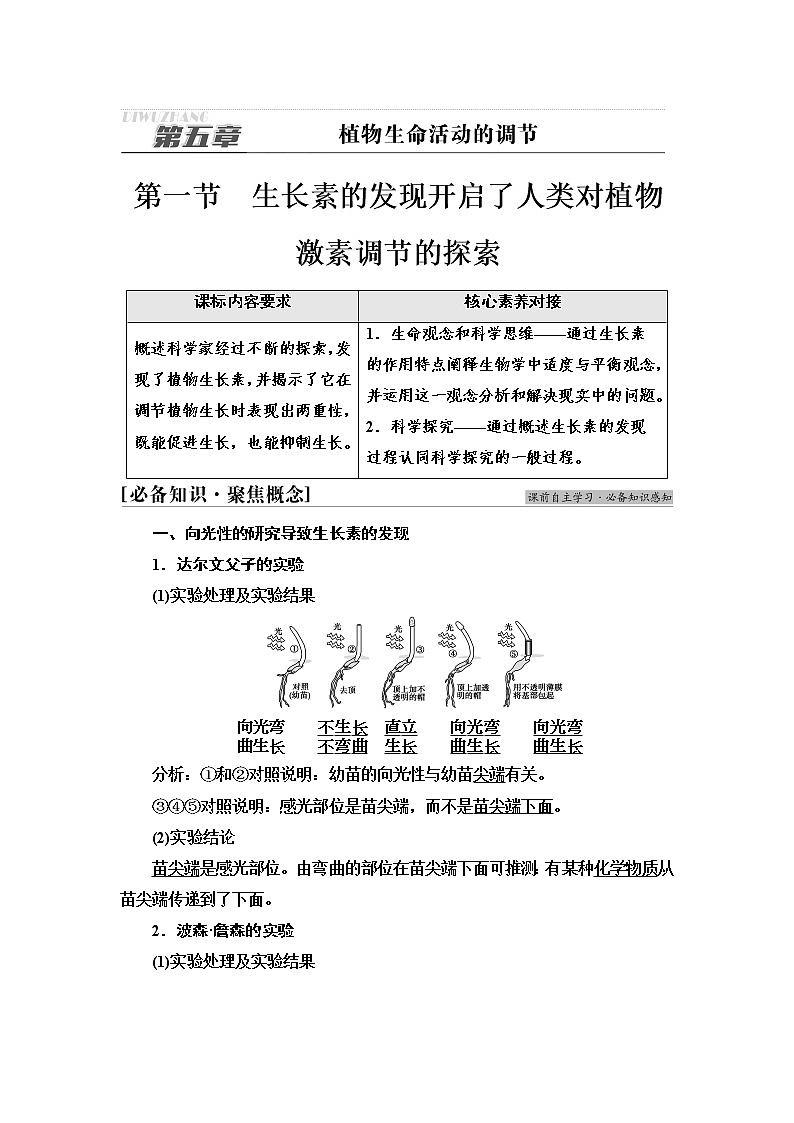 浙科版高中生物选择性必修1第5章第1节生长素的发现开启了人类对植物激素调节的探索学案01