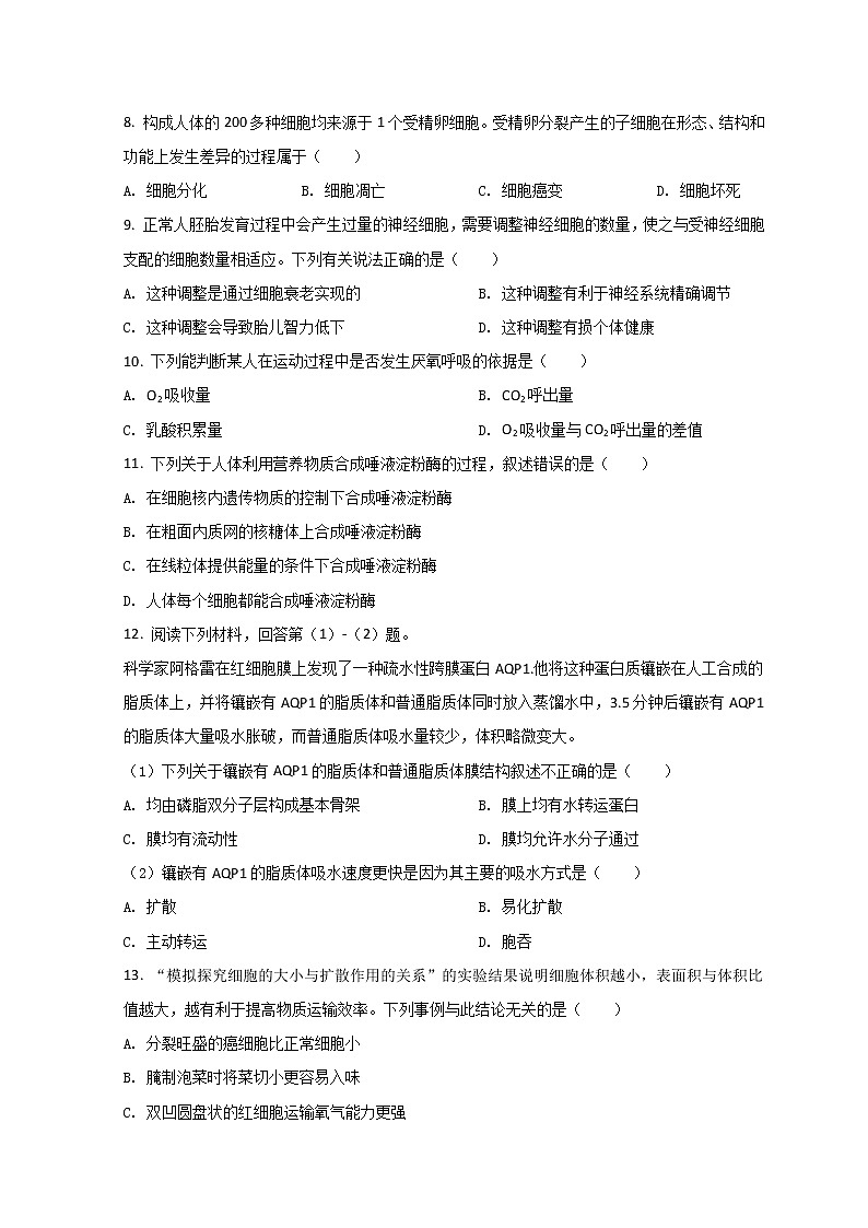 2022杭州八县区高一上学期期末学业水平测试生物试题含答案02