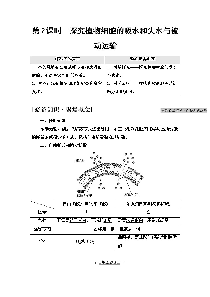 人教版高中生物必修1第4章第1节第2课时探究植物细胞的吸水和失水与被动运输学案01
