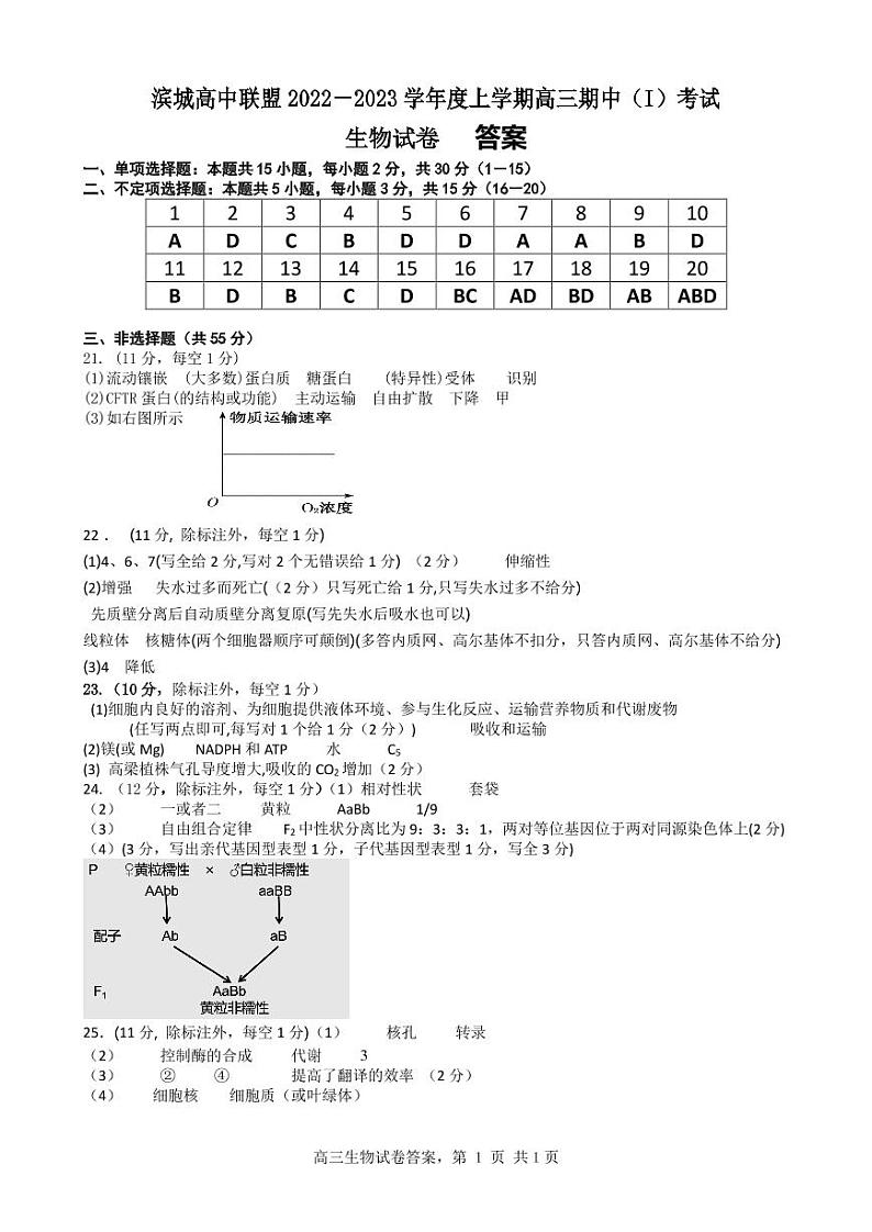 辽宁省大连市滨城联盟2022-2023学年高三上学期期中（Ⅰ）考试生物试题01