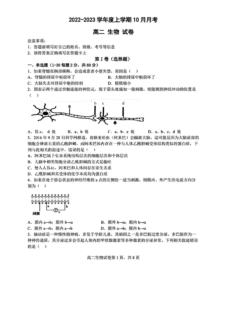 2023大连部分重点高中高二上学期10月月考生物试题扫描版含答案01
