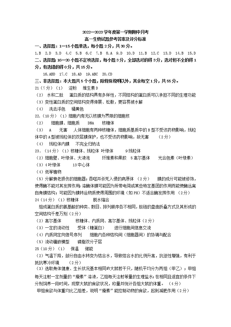 2023烟台招远二中高一上学期10月月考生物试题PDF版含答案01