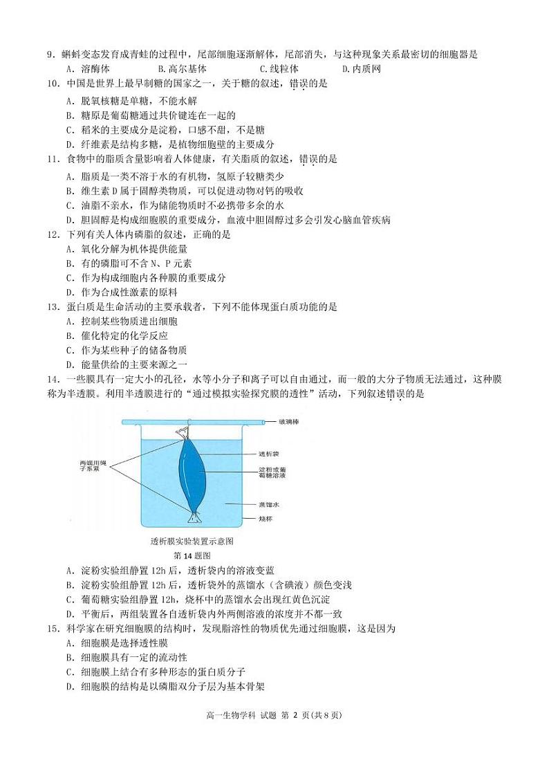 2023丽水绿谷联盟高一上学期10月建模考试生物试题PDF版含答案第2页