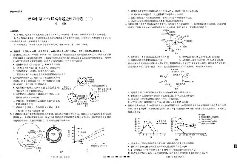 重庆市巴蜀中学2022-2023学年高三上学期高考适应性月考卷（三）生物试题及答案01