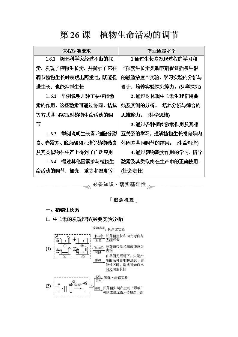 人教版高考生物一轮总复习选择性必修1第8单元第26课植物生命活动的调节学案01