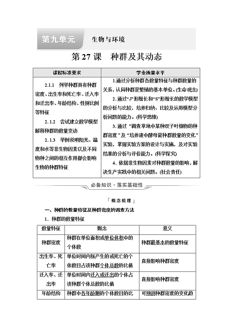 人教版高考生物一轮总复习选择性必修2第9单元第27课种群及其动态学案第1页