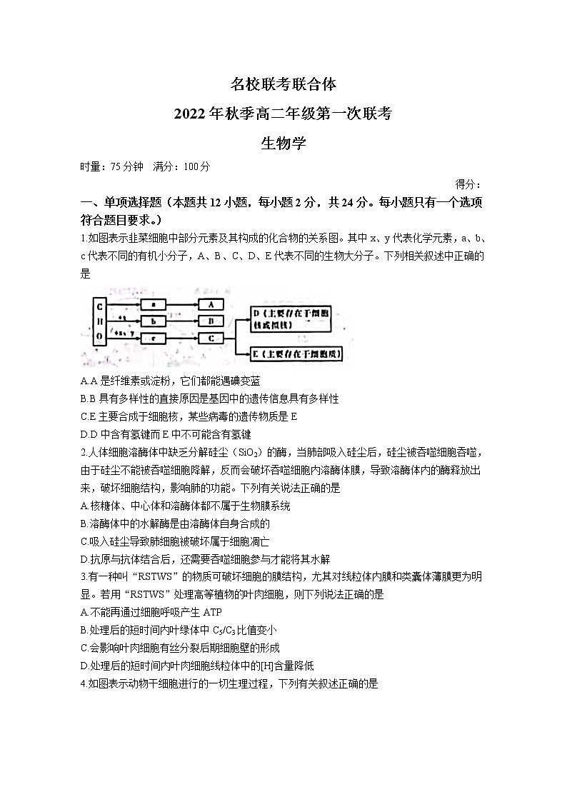 湖南省名校联考联合体2022-2023学年高二生物上学期第一次联考试卷（Word版附答案）01