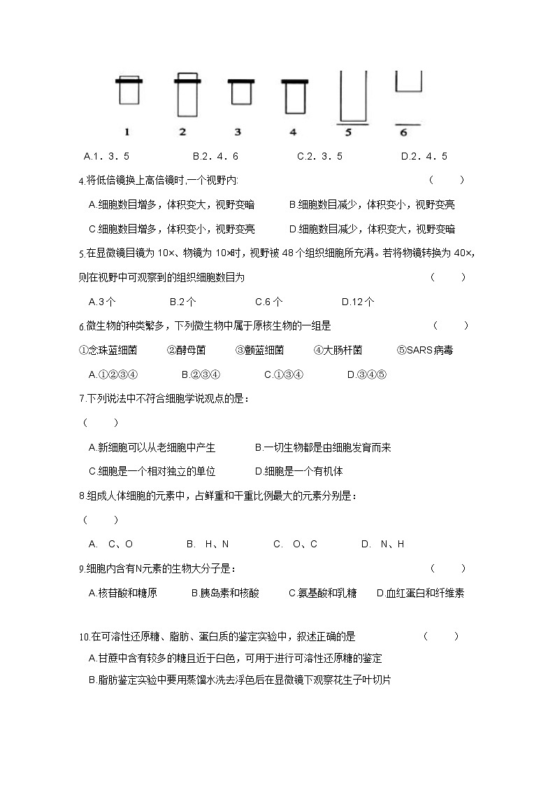 山东省聊城市颐中外国语学校2022-2023学年高一生物上学期第一次检测试题（Word版附答案）02