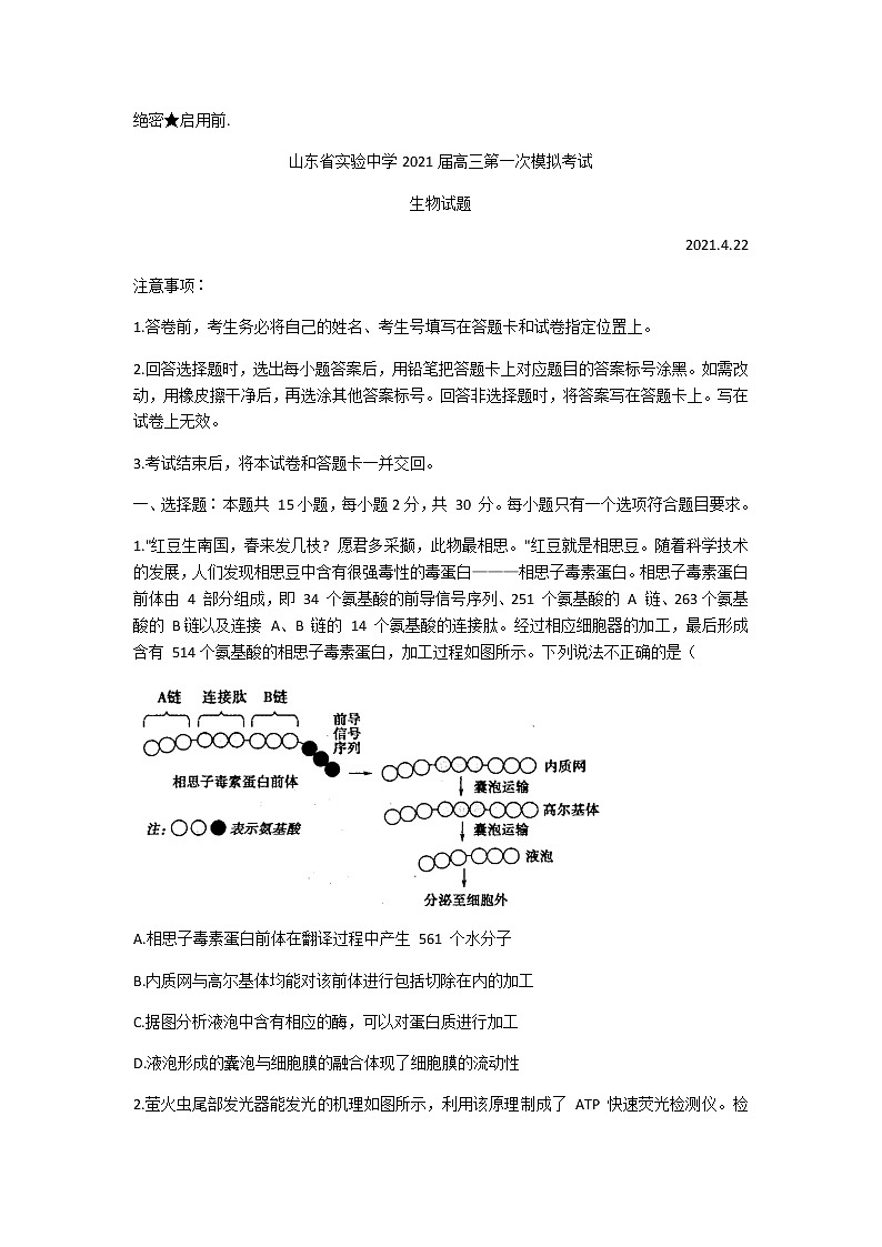 2021山东省实验中学高三下学期4月第一次模拟考试（一模）生物试题含答案01
